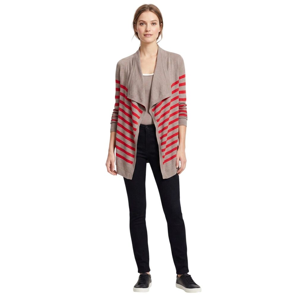 LOFT XS Taupe Red Striped Cardigan Sweater
